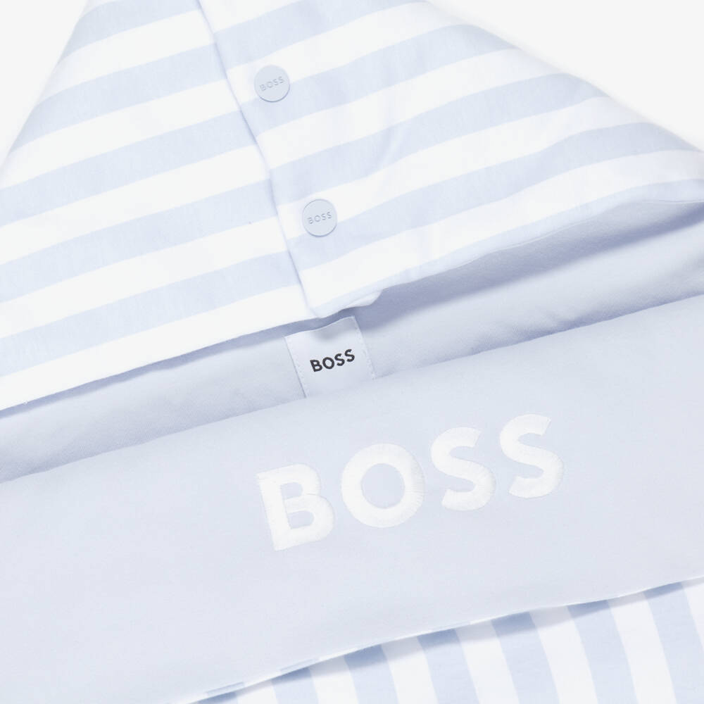 BOSS-Baby Boys Blue & White Stripe Cotton Logo Nest (81cm) | Childrensalon