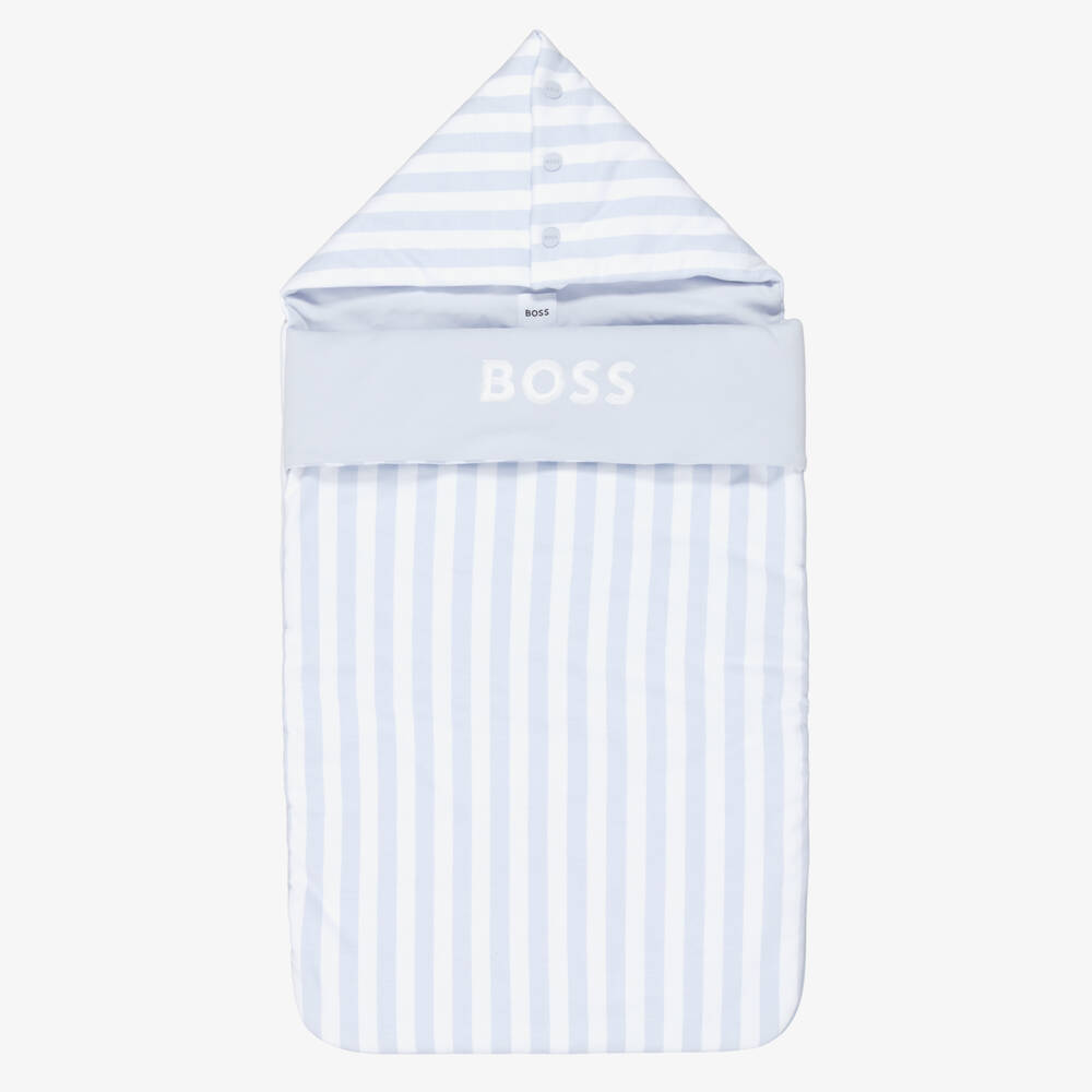 BOSS-Baby Boys Blue & White Stripe Cotton Logo Nest (81cm) | Childrensalon