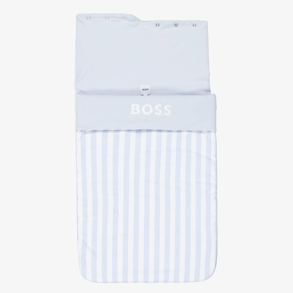 BOSS-Baby Boys Blue & White Stripe Cotton Logo Nest (81cm) | Childrensalon