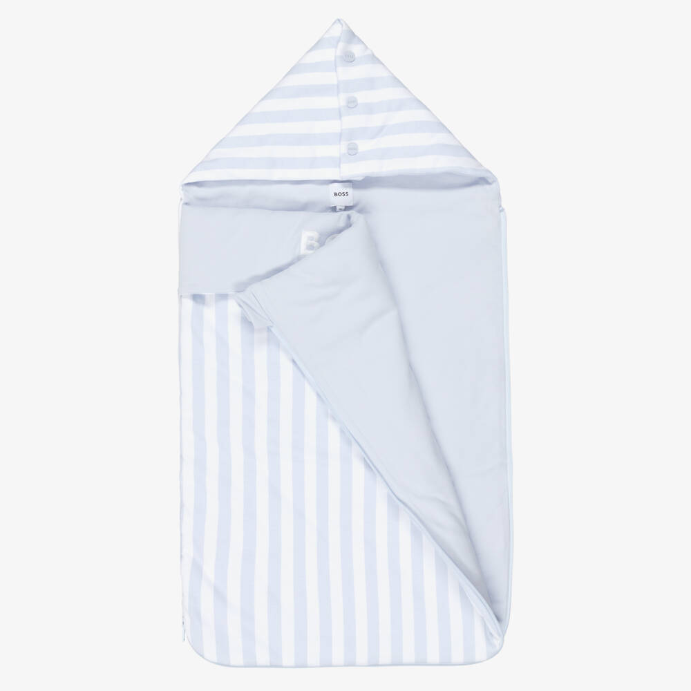 BOSS-Baby Boys Blue & White Stripe Cotton Logo Nest (81cm) | Childrensalon