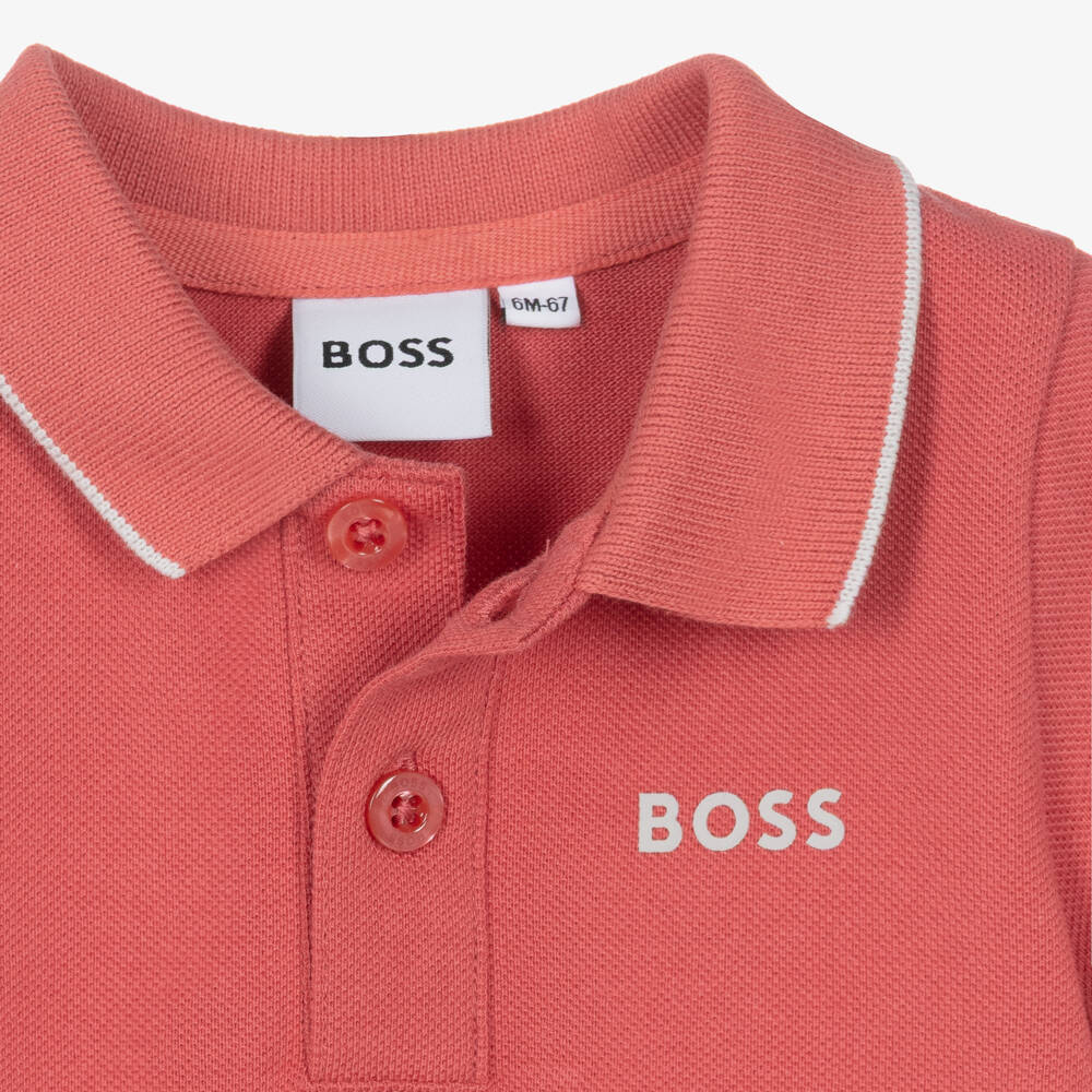 BOSS-Baby Boys Coral Red Cotton Piqué Polo Shirt | Childrensalon