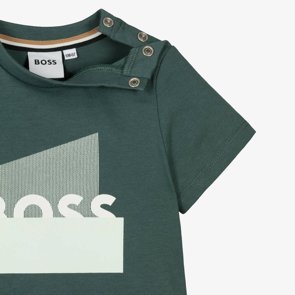 BOSS-Футболка зелёная из хлопка с разделённым логотипом для малышей | Childrensalon
