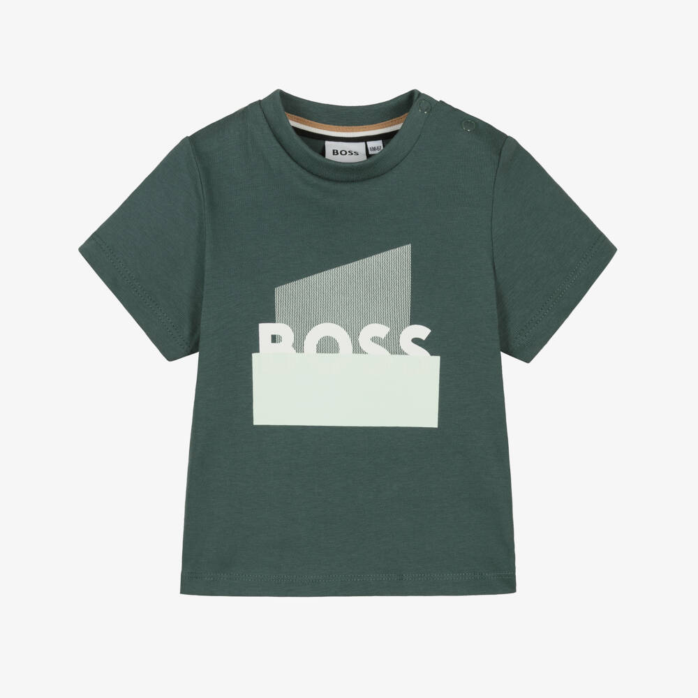 BOSS-Футболка зелёная из хлопка с разделённым логотипом для малышей | Childrensalon