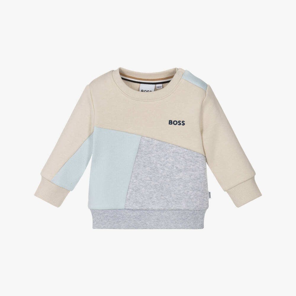 BOSS-Baby Boys Ivory & Grey Colourblock Cotton Sweatshirt | Childrensalon