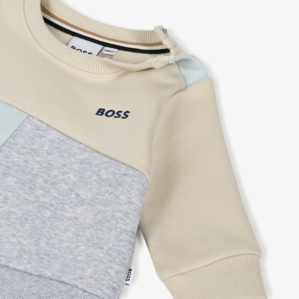 BOSS-Baby Boys Ivory & Grey Colourblock Cotton Sweatshirt | Childrensalon