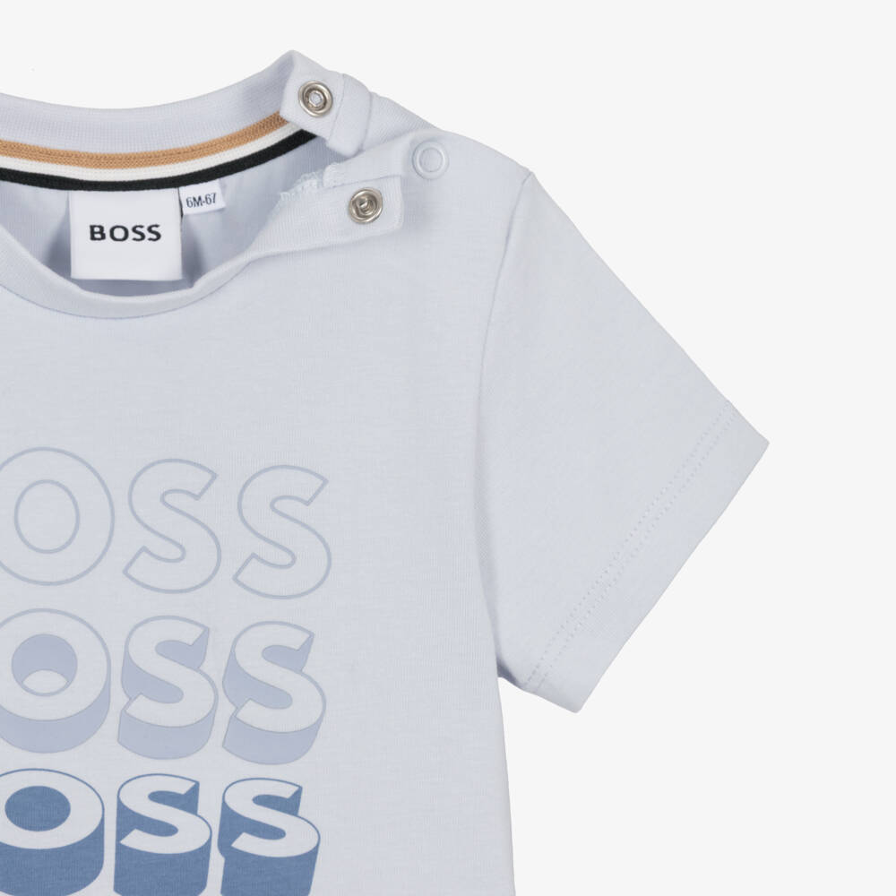 BOSS-تيشيرت قطن بشعار مكرر لون أزرق فاتح للأولاد الرضع | Childrensalon