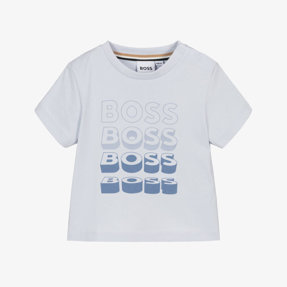 BOSS-Baby Boys Light Blue Cotton T-Shirt with Repeat Logo | Childrensalon