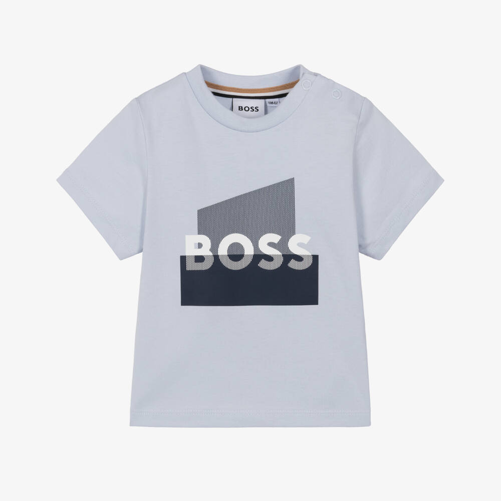 BOSS-Baby Boys Light Blue Cotton T-Shirt with Split Logo | Childrensalon