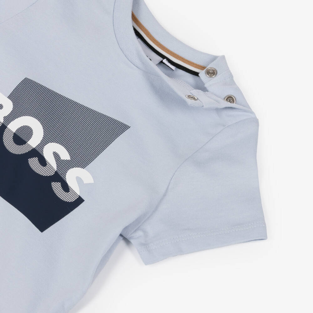 BOSS-Baby Boys Light Blue Cotton T-Shirt with Split Logo | Childrensalon