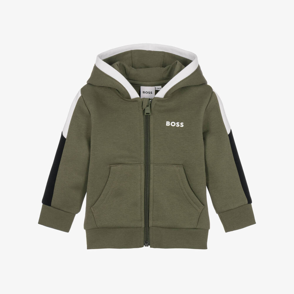 BOSS-Baby Boys Moss Green Colourblock Zip-Up Hoodie | Childrensalon