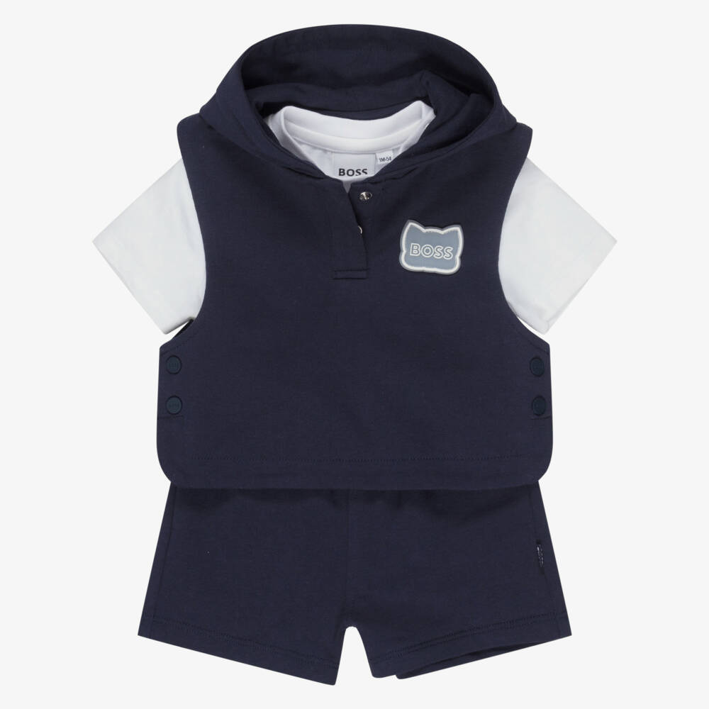 BOSS-Baby Boys Navy Blue Cotton Jersey Shorts Set | Childrensalon