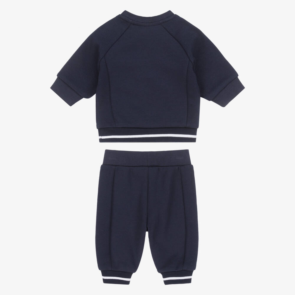 BOSS-Baby Boys Navy Blue Cotton Jersey Tracksuit with Whites Trims | Childrensalon