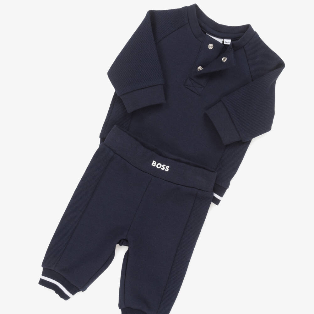 BOSS-Baby Boys Navy Blue Cotton Jersey Tracksuit with Whites Trims | Childrensalon