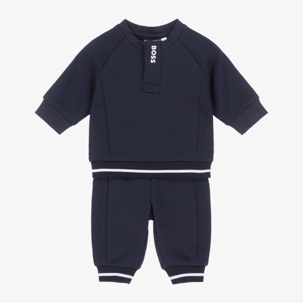 BOSS-Baby Boys Navy Blue Cotton Jersey Tracksuit with Whites Trims | Childrensalon