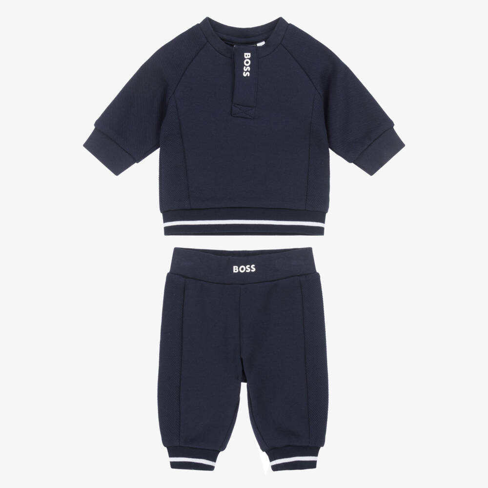 BOSS-Baby Boys Navy Blue Cotton Jersey Tracksuit with Whites Trims | Childrensalon