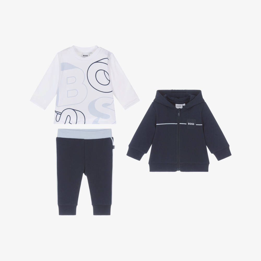 BOSS-Baby Boys Navy Blue Cotton Tracksuit Set | Childrensalon