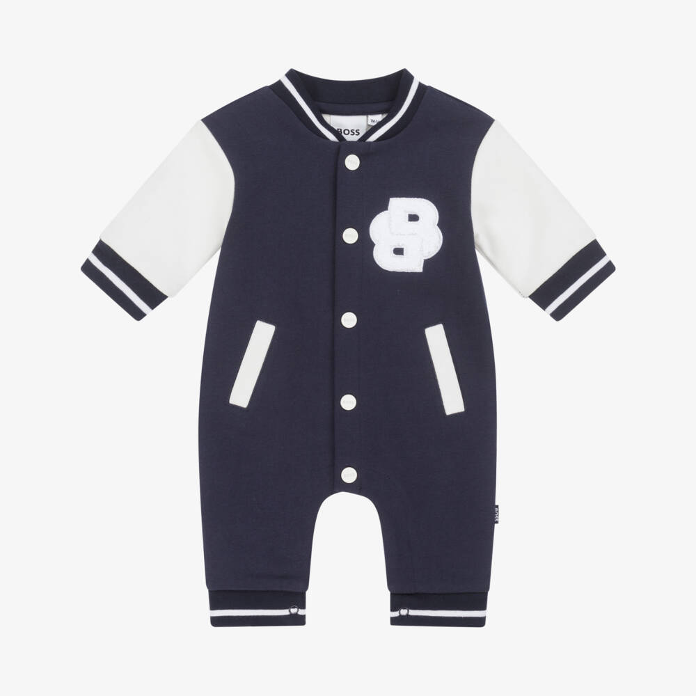BOSS-Baby Boys Navy Blue Cotton Varsity Romper | Childrensalon