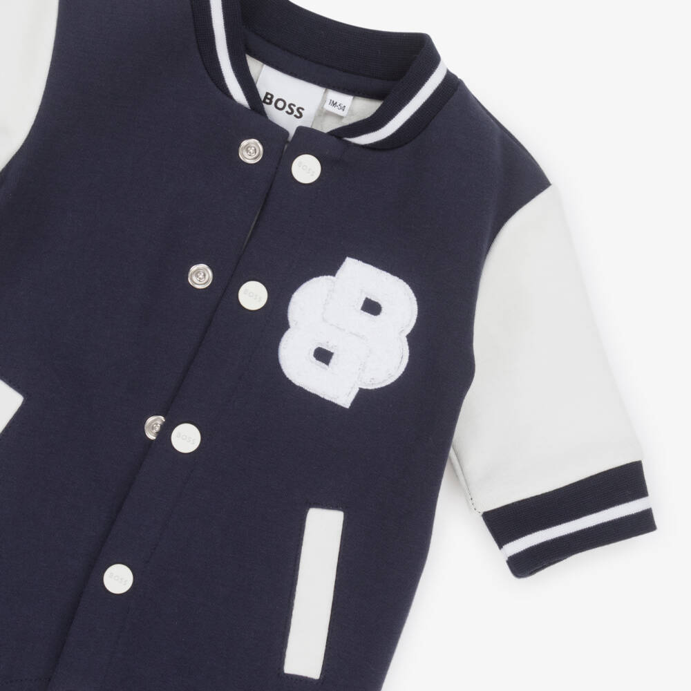BOSS-Baby Boys Navy Blue Cotton Varsity Romper | Childrensalon