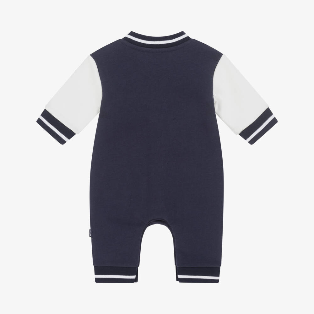 BOSS-Baby Boys Navy Blue Cotton Varsity Romper | Childrensalon