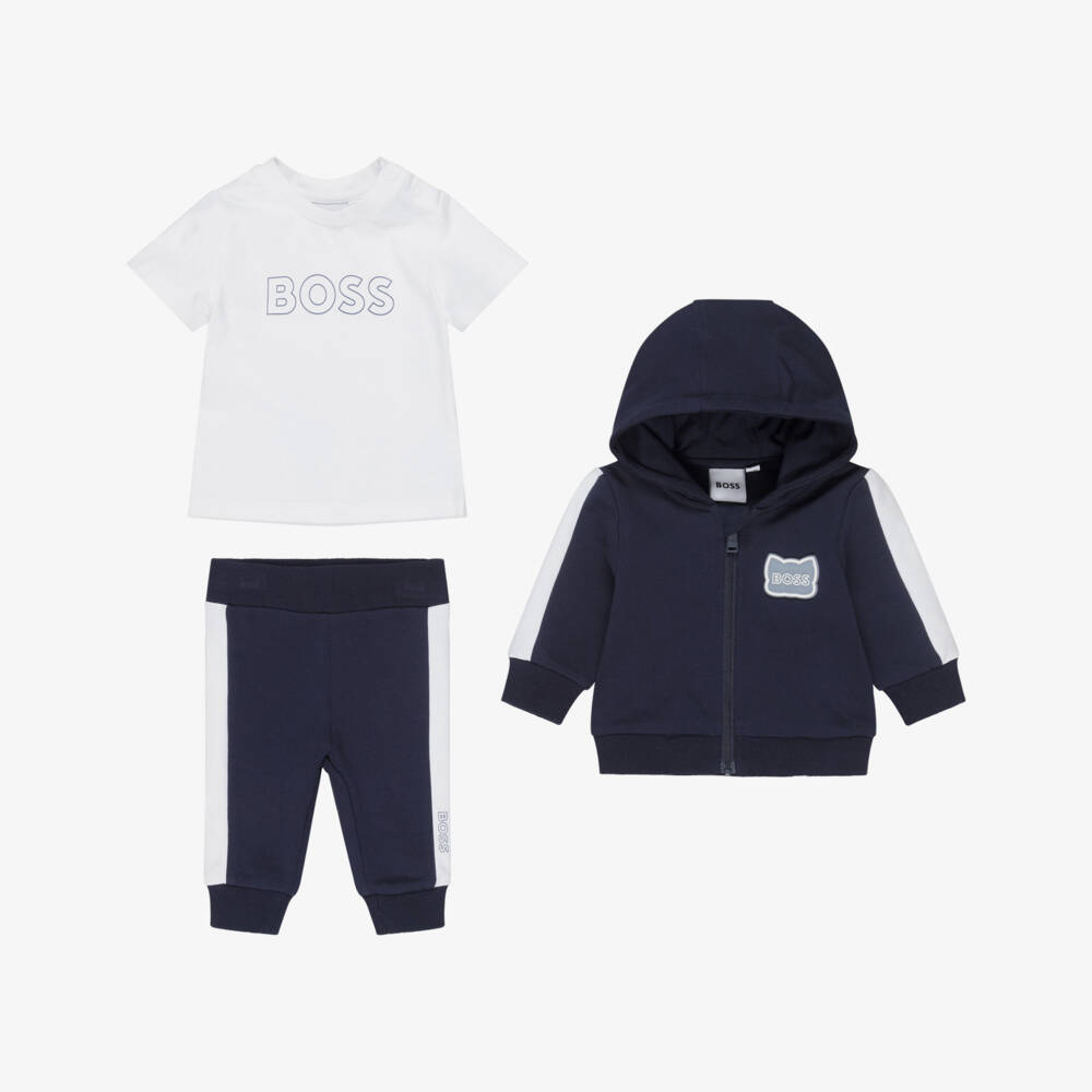 BOSS-Baby Boys Navy Blue Hooded Tracksuit Set | Childrensalon