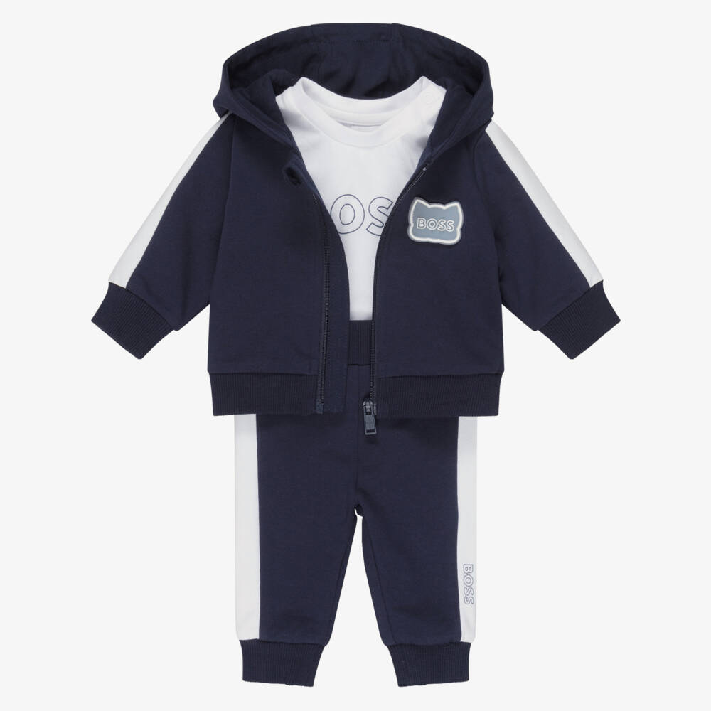 BOSS-Baby Boys Navy Blue Hooded Tracksuit Set | Childrensalon