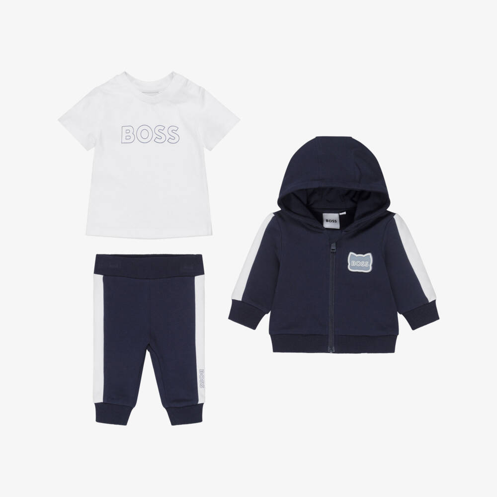BOSS-Baby Boys Navy Blue Hooded Tracksuit Set | Childrensalon