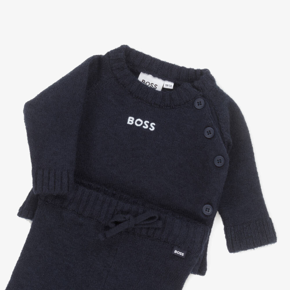 BOSS-Baby Boys Navy Blue Knitted Top & Trouser Set  | Childrensalon