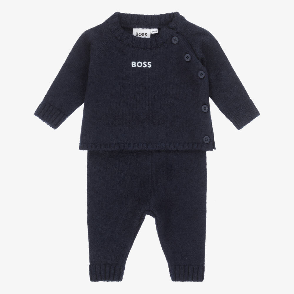 BOSS-Baby Boys Navy Blue Knitted Top & Trouser Set  | Childrensalon