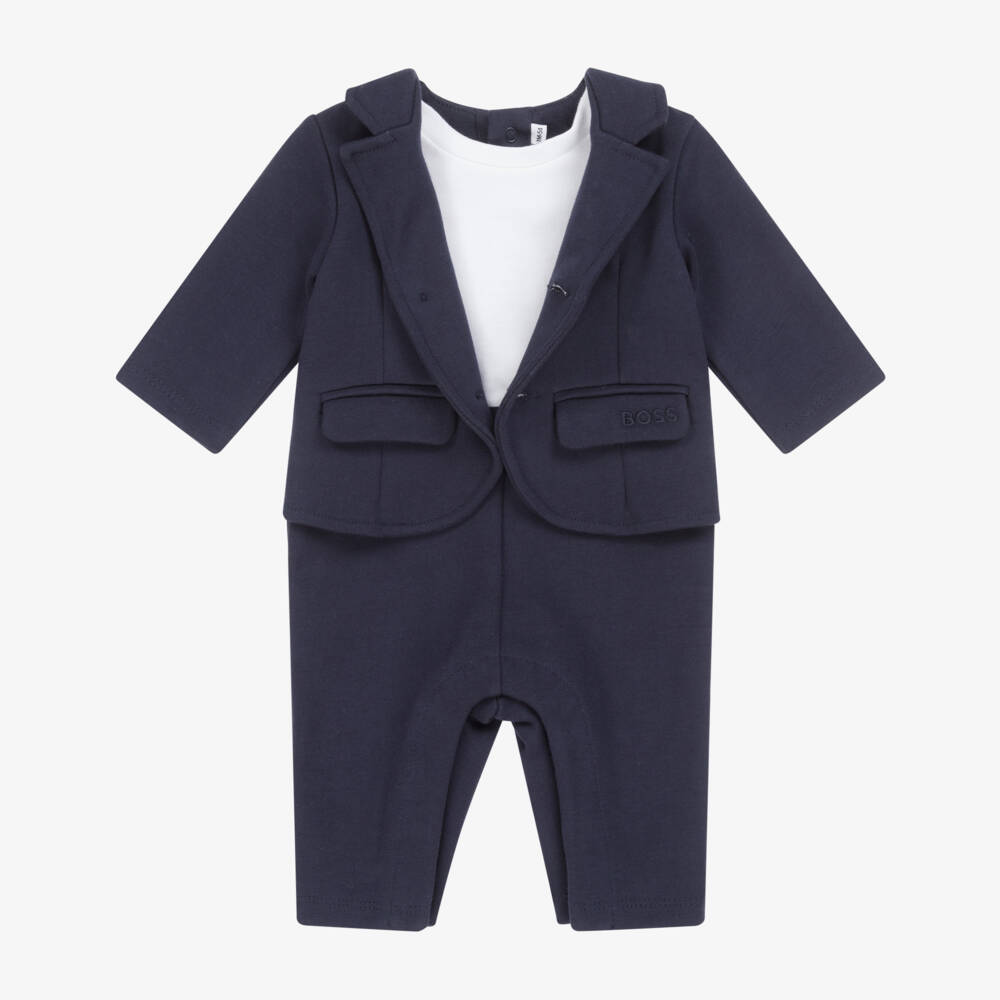 BOSS-Baby Boys Navy Blue Suit Romper | Childrensalon