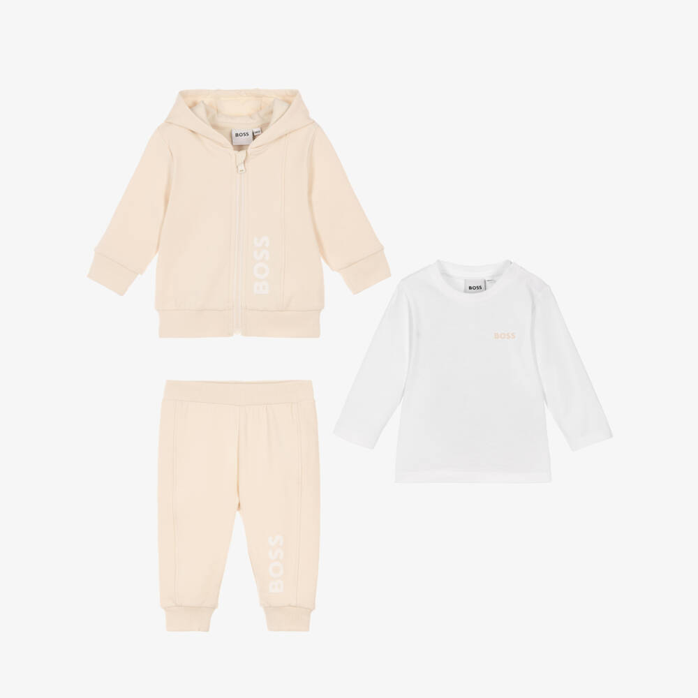 BOSS-Baby Boys Pale Beige Tracksuit Set | Childrensalon