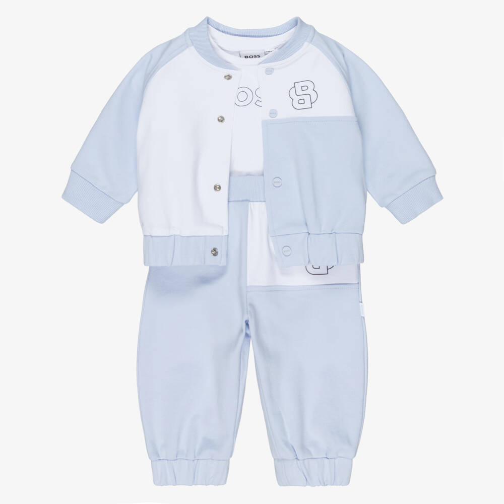 BOSS-Baby Boys Pale Blue Cotton Double B Tracksuit Set | Childrensalon