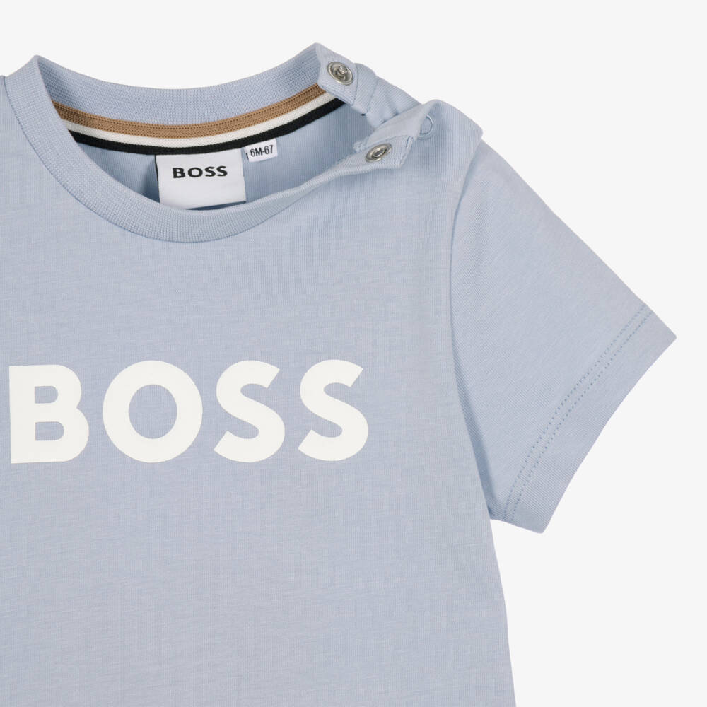 BOSS-Baby Boys Pale Blue Cotton T-Shirt with Logo Print | Childrensalon