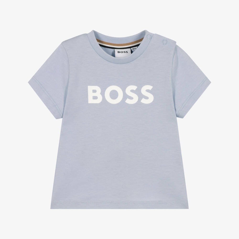 BOSS-Baby Boys Pale Blue Cotton T-Shirt with Logo Print | Childrensalon