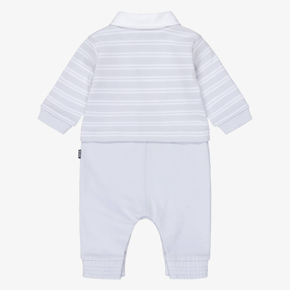 BOSS-Baby Boys Pale Blue Striped Cotton Romper | Childrensalon