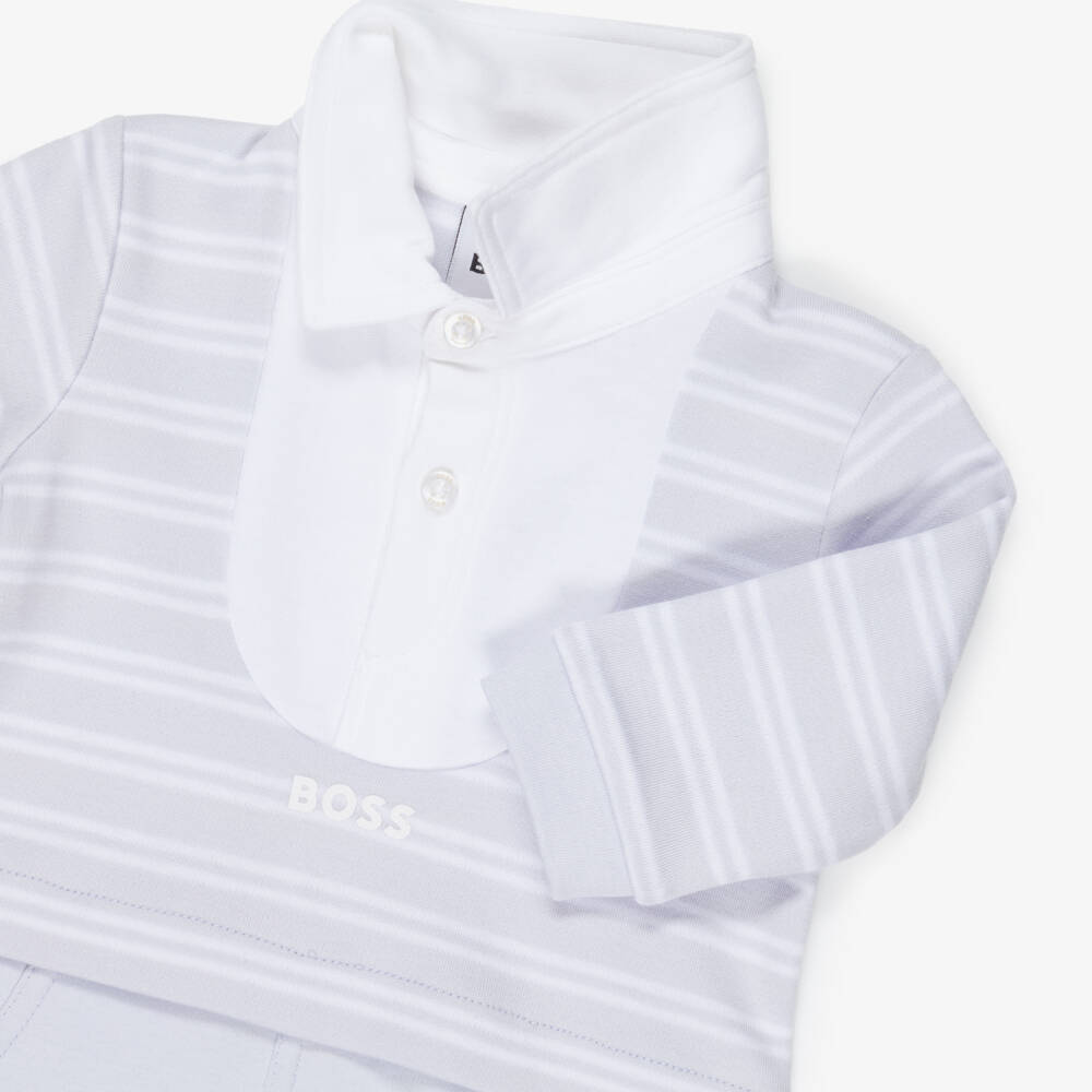 BOSS-Baby Boys Pale Blue Striped Cotton Romper | Childrensalon