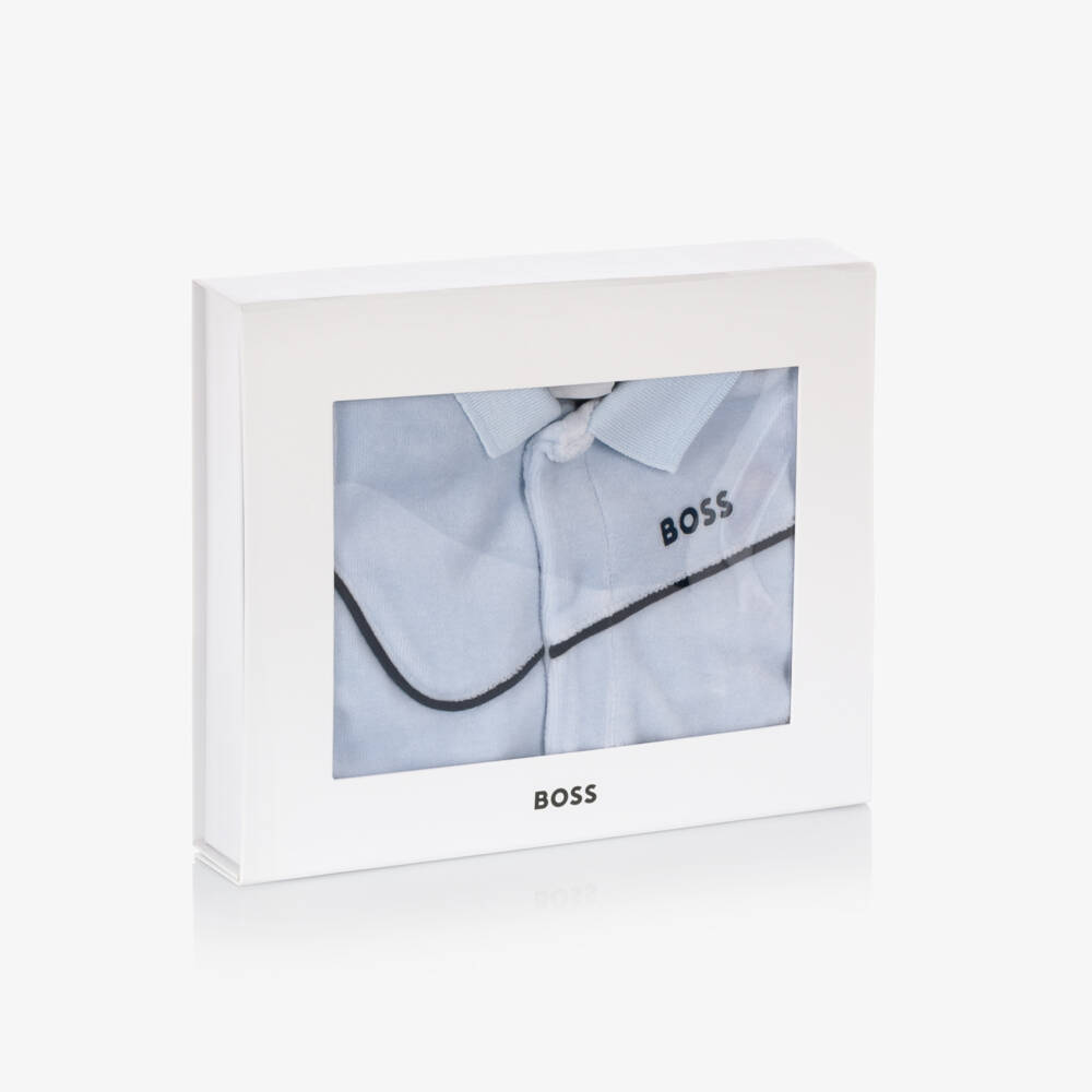 BOSS-Baby Boys Pale Blue Velour Babygrow | Childrensalon