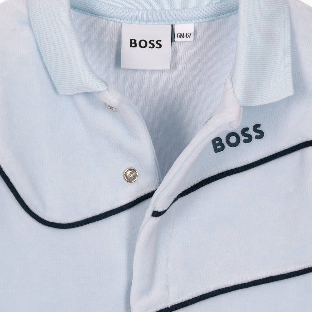 BOSS-Baby Boys Pale Blue Velour Babygrow | Childrensalon