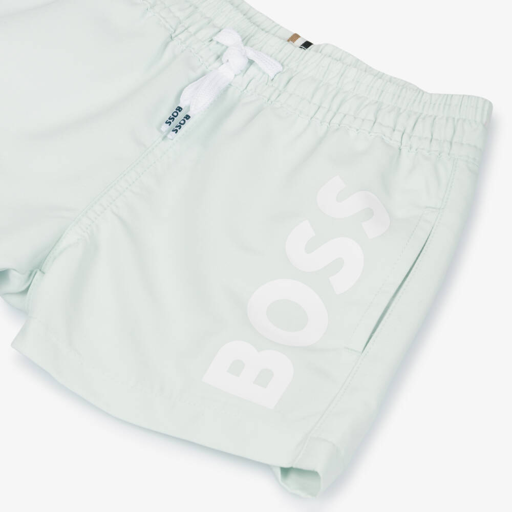 BOSS-Baby Boys Pastel Green Swim Shorts with White Logo Print | Childrensalon