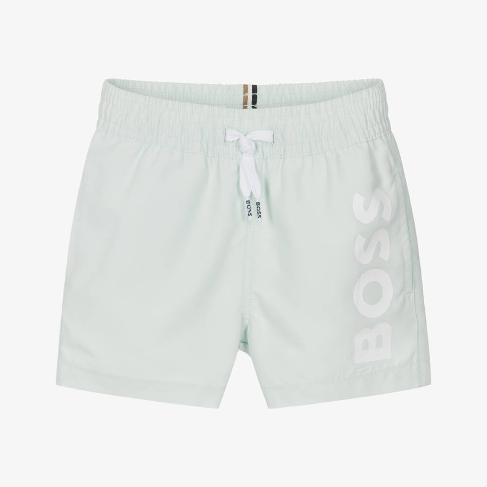 BOSS-Baby Boys Pastel Green Swim Shorts with White Logo Print | Childrensalon