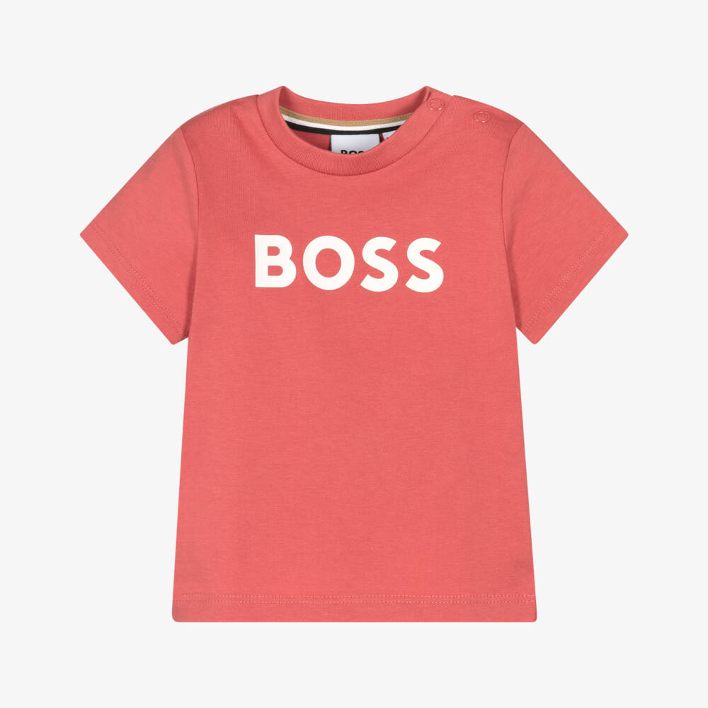 BOSS-Baby Boys Red Cotton Crew Neck T-Shirt with Logo Print | Childrensalon