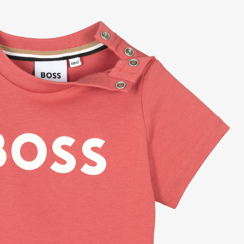BOSS-Baby Boys Red Cotton Crew Neck T-Shirt with Logo Print | Childrensalon