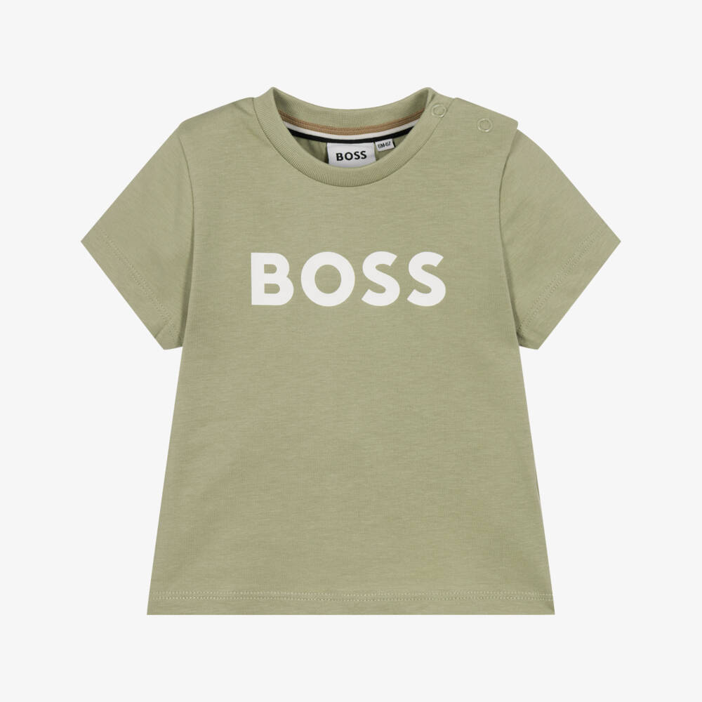 BOSS-Baby Boys Sage Green Cotton T-Shirt with Logo Print | Childrensalon