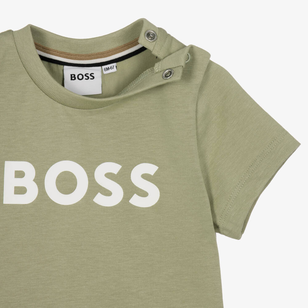BOSS-Baby Boys Sage Green Cotton T-Shirt with Logo Print | Childrensalon
