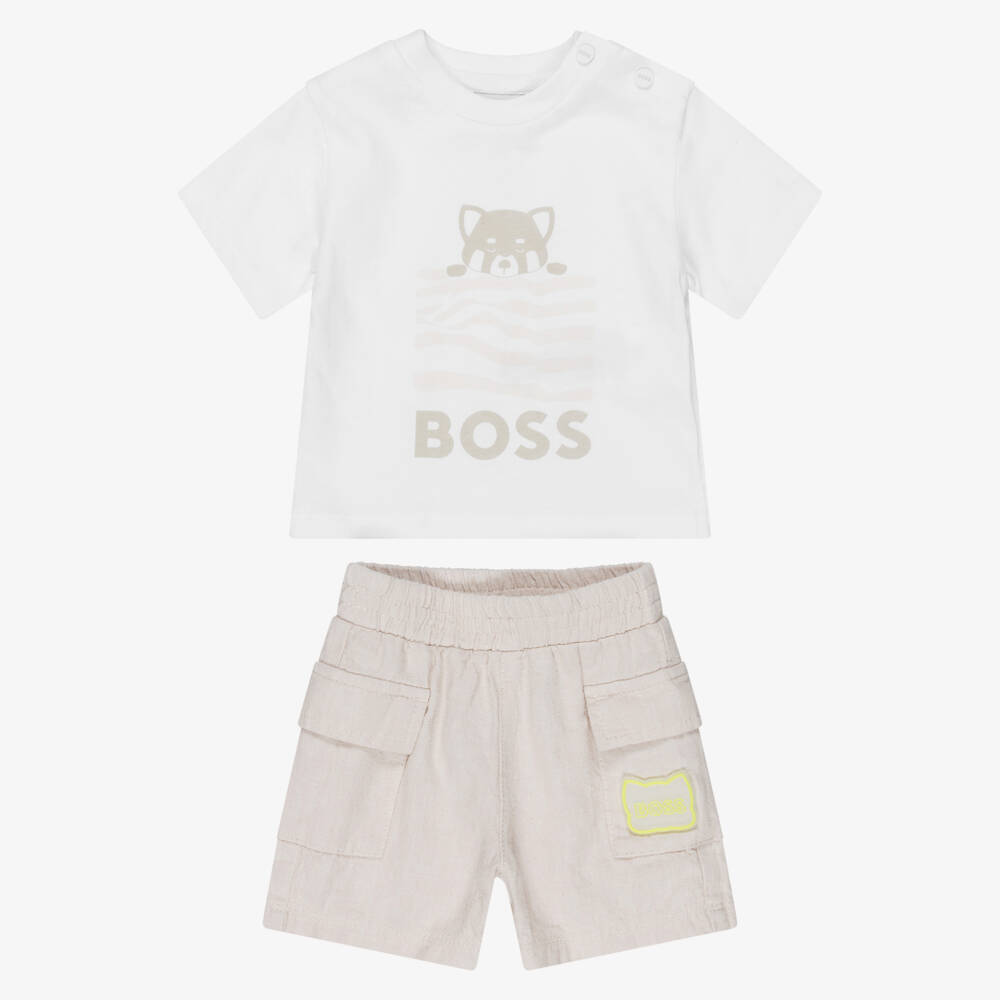 BOSS-Baby Boys White & Beige Cotton & Linen Shorts Set | Childrensalon