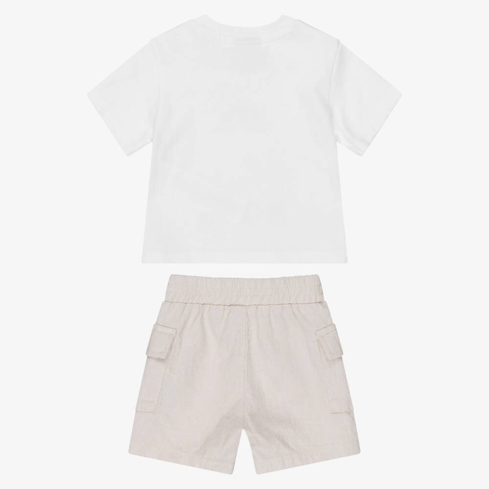 BOSS-Baby Boys White & Beige Cotton & Linen Shorts Set | Childrensalon