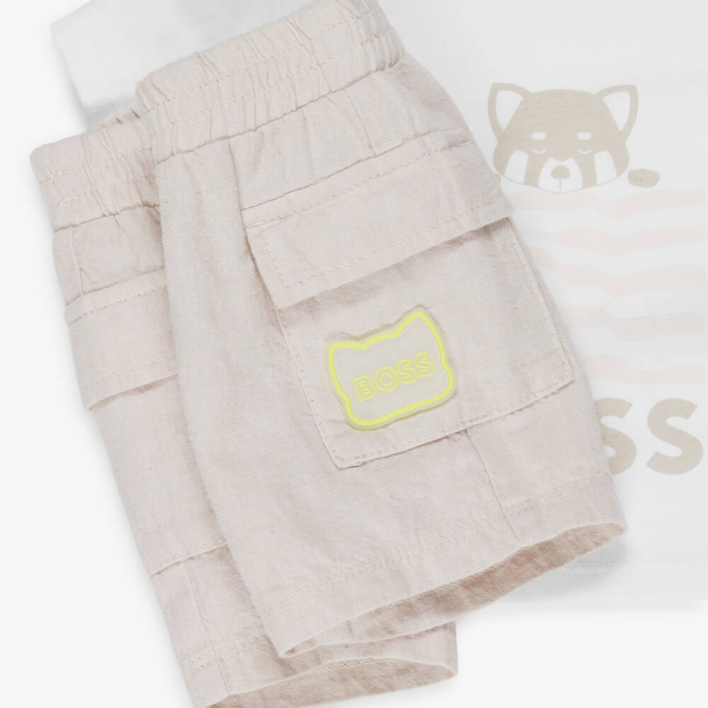 BOSS-Baby Boys White & Beige Cotton & Linen Shorts Set | Childrensalon