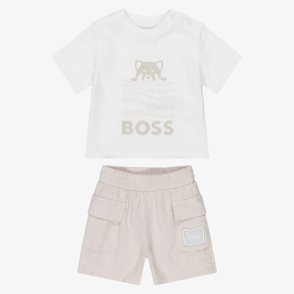 BOSS-Baby Boys White & Beige Cotton & Linen Shorts Set | Childrensalon