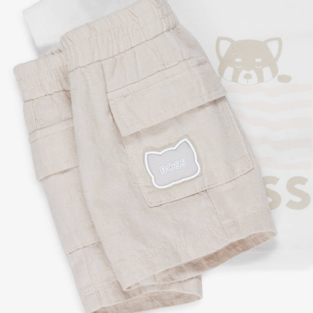 BOSS-Baby Boys White & Beige Cotton & Linen Shorts Set | Childrensalon