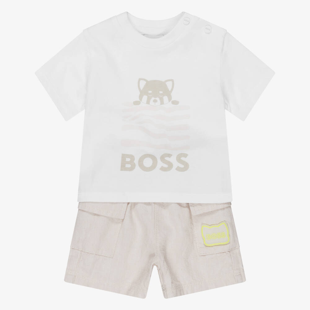 BOSS-Baby Boys White & Beige Cotton & Linen Shorts Set | Childrensalon