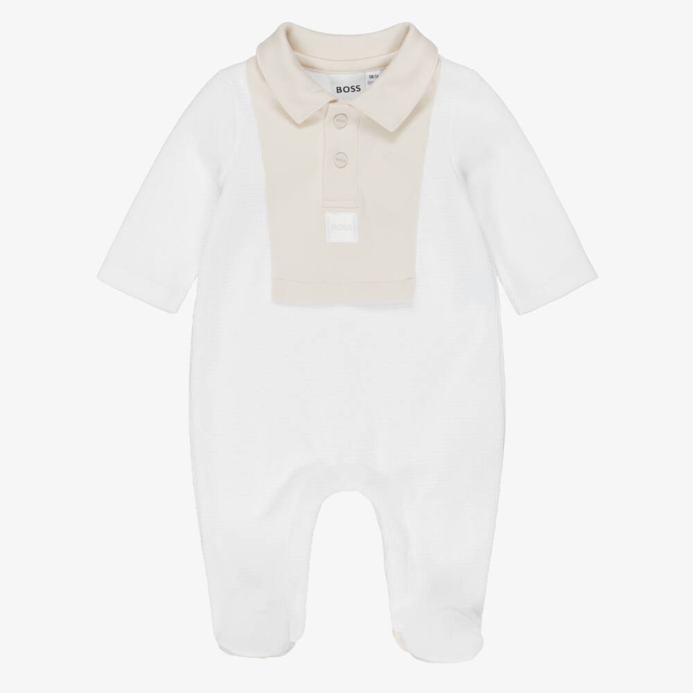 BOSS-Baby Boys White & Beige Cotton Polo Babygrow | Childrensalon